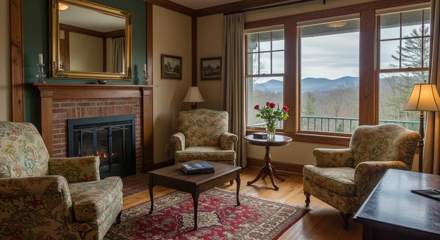 a cozy, elegantly decorated bed and breakfast room in blue ridge, ga, showcasing a welcoming atmosphere with plush furnishings, vintage decor, and a beautiful view of the surrounding mountains through a large window, inviting travelers to relax and enjoy their stay. a cozy, elegantly decorated bed and breakfast room in blue ridge, ga, showcasing a welcoming atmosphere with plush furnishings, vintage decor, and a beautiful view of the surrounding mountains through a large window, inviting travelers to relax and enjoy their stay.