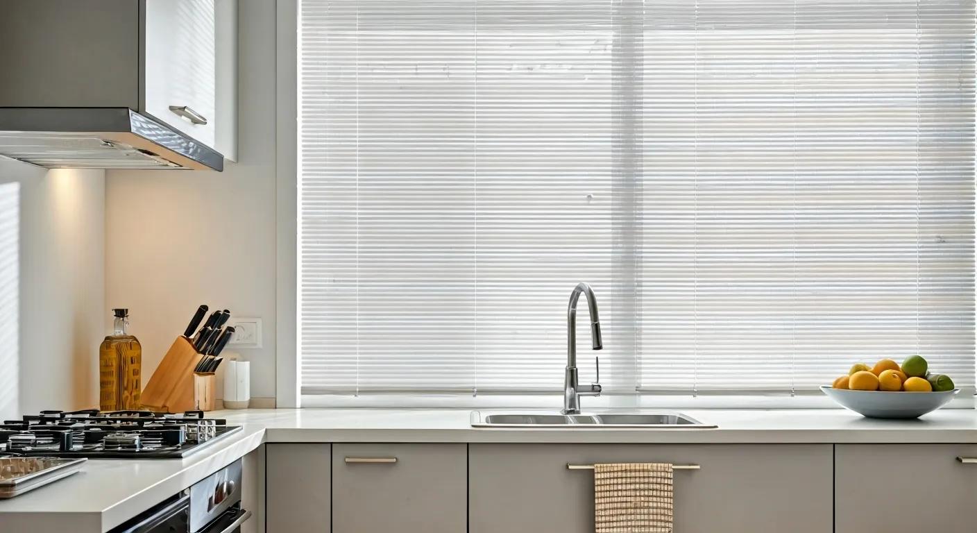 Modern kitchen with durable faux wood and vinyl blinds emphasizing easy cleaning and moisture resistance Modern kitchen with durable faux wood and vinyl blinds emphasizing easy cleaning and moisture resistance