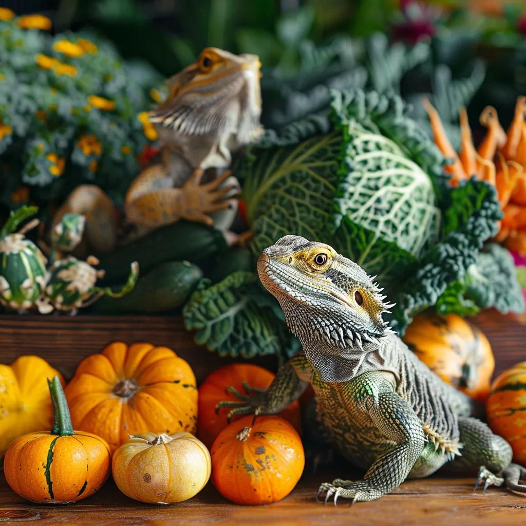 Fresh vegetables and greens suitable for bearded dragons, with a curious dragon in the background