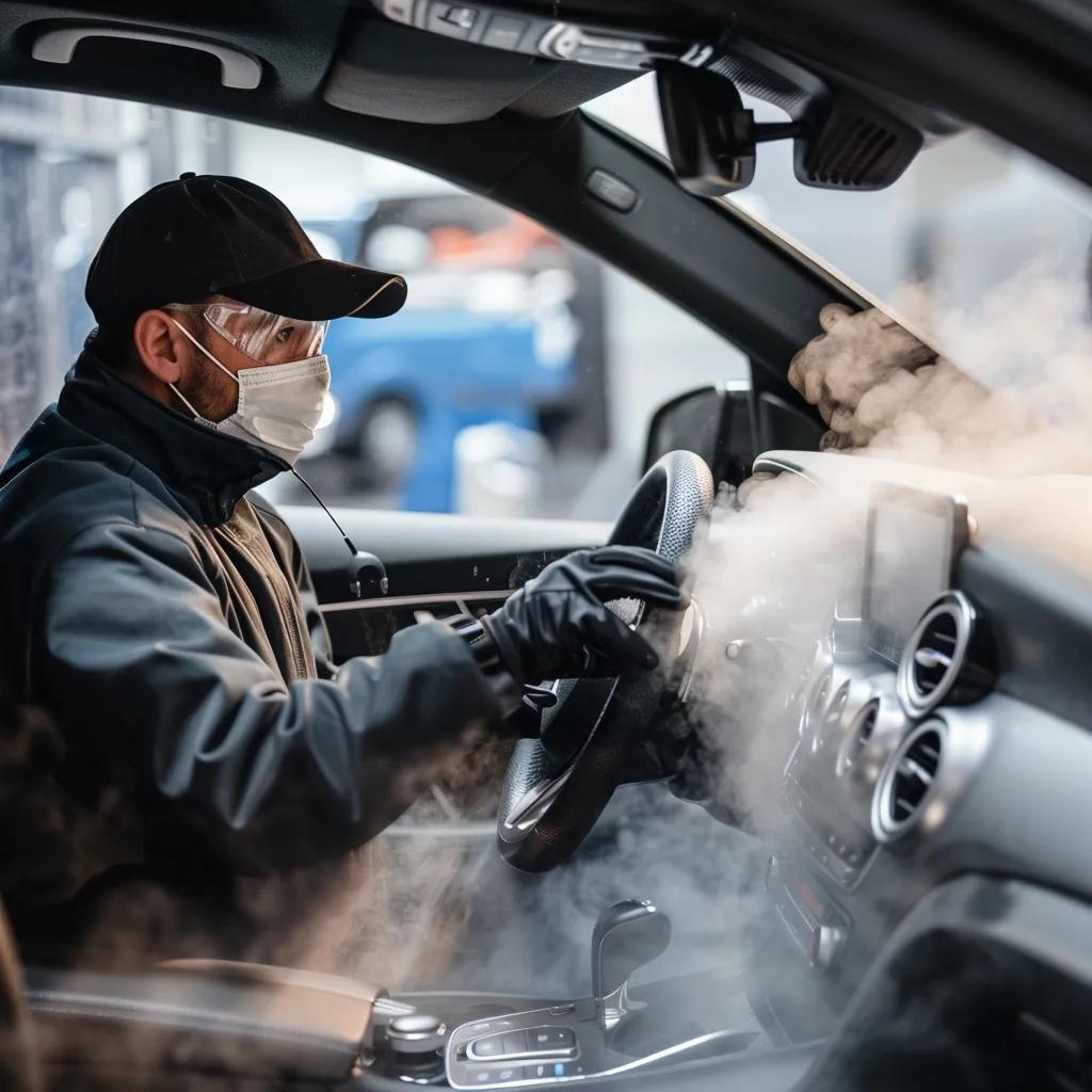 Professional car detailing service using advanced steam cleaning to eliminate stubborn odours from car interiors Professional car detailing service using advanced steam cleaning to eliminate stubborn odours from car interiors