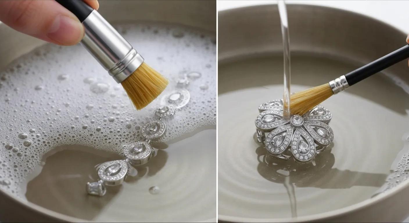 Cleaning process of sterling silver cubic zirconia jewellery with warm soapy water