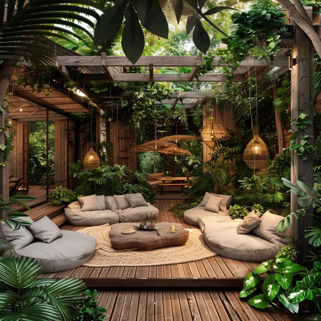 Eco-friendly Airbnb property with outdoor seating in a natural setting, highlighting sustainable travel