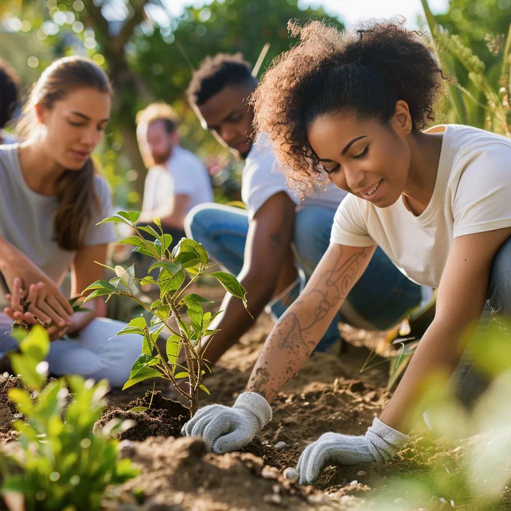 Corporate team engaged in eco-volunteering activities, planting trees in a community project Corporate team engaged in eco-volunteering activities, planting trees in a community project