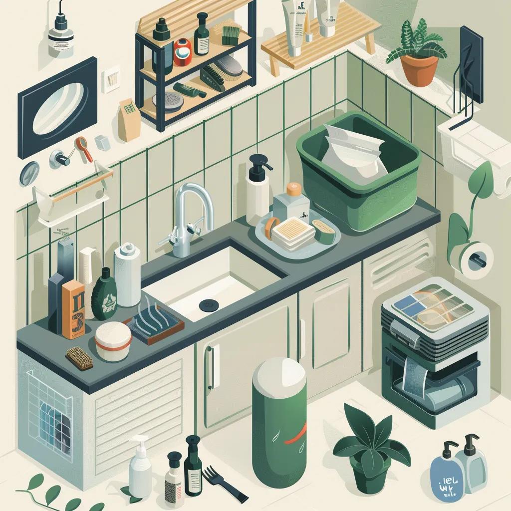 Eco-friendly practices in an Airbnb setting, featuring biodegradable toiletries and recycling bins