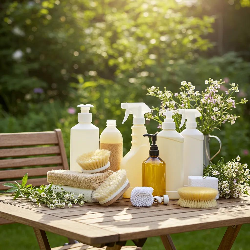 An array of eco-friendly cleaning products arranged attractively in a garden setting, highlighting M2 Cleaning Services' dedication to sustainability
