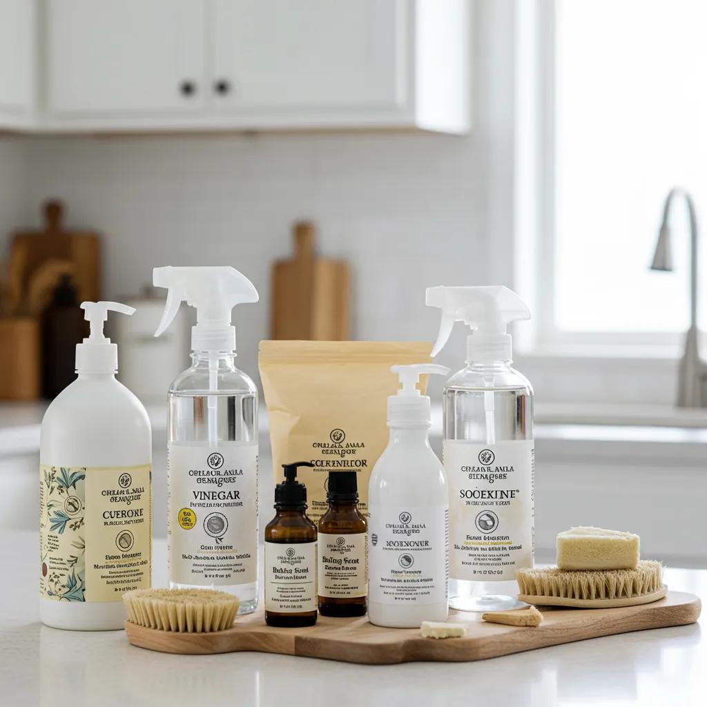 Eco-friendly cleaning products including vinegar, baking soda, and essential oils arranged on a kitchen counter