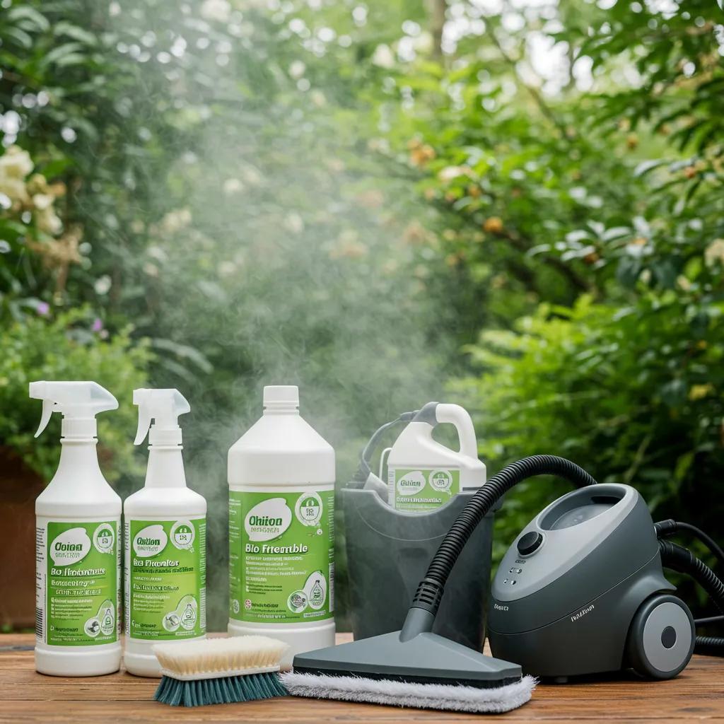 Eco-friendly mattress cleaning products and equipment, including a steam cleaner, spray bottles, and cleaning solutions, emphasizing safe cleaning techniques and effective stain removal.