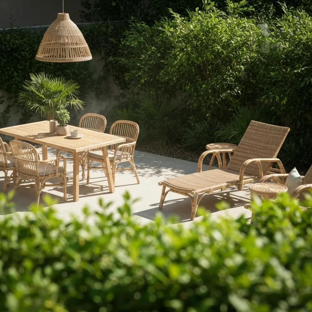 Beautifully styled outdoor area with sustainable rattan furniture nestled amongst lush greenery
