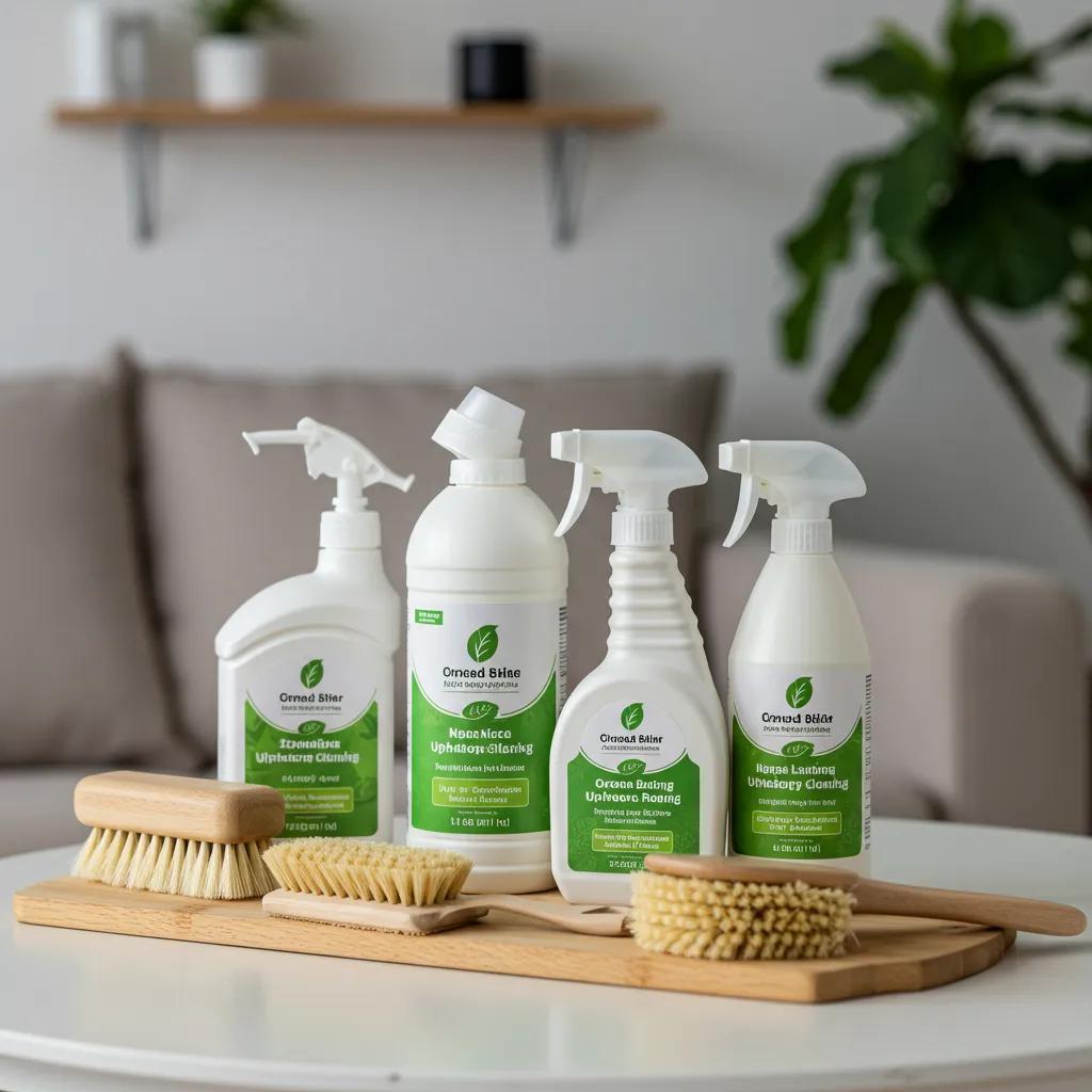Eco-friendly upholstery cleaning products displayed in a modern living space, highlighting their natural ingredients and effectiveness
