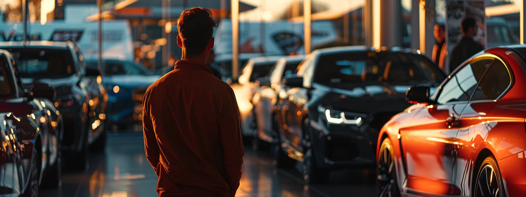 a man with a high credit score confidently choosing from a range of luxurious cars at a dealership with low-interest rates displayed on the price tags.