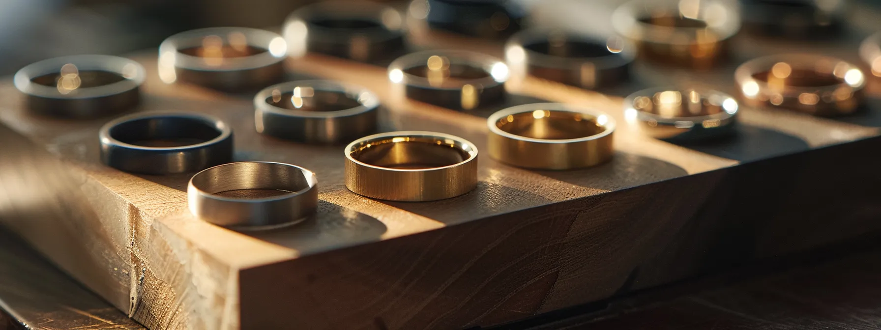 a table displaying a variety of men's wedding rings in different metals.