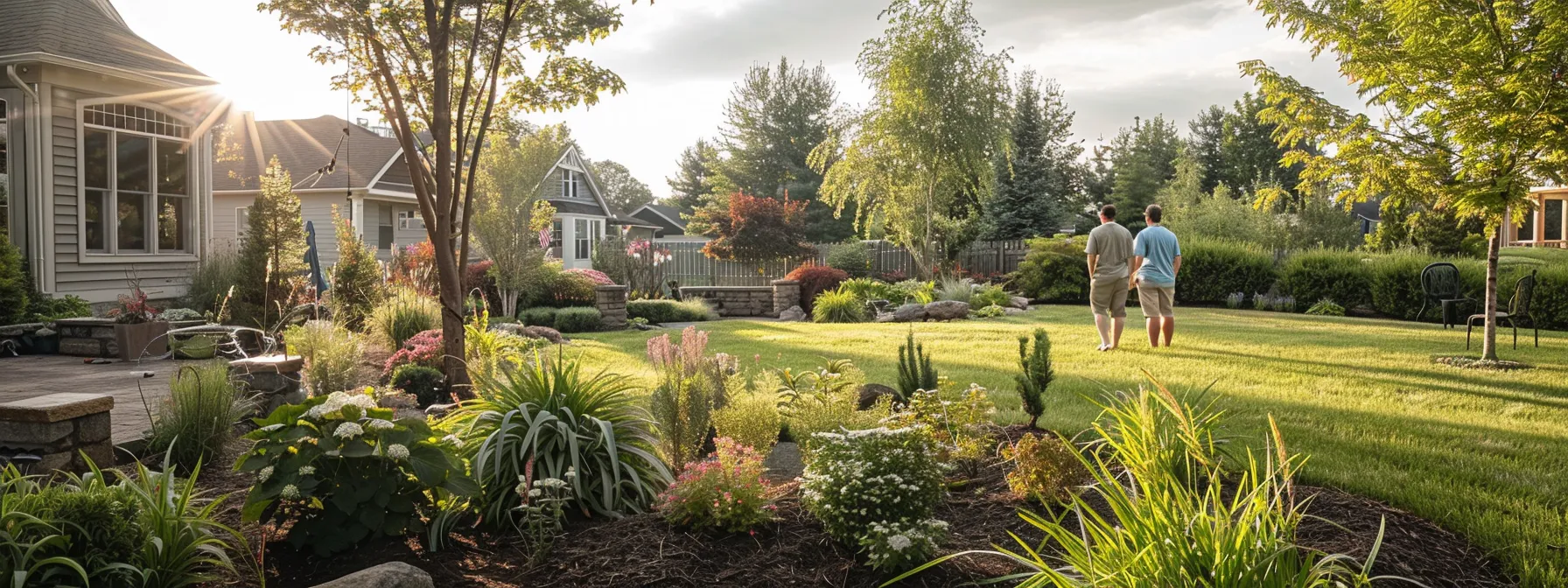 a group of homeowners admiring their revitalized trees and shrubs in their transformed landscape.