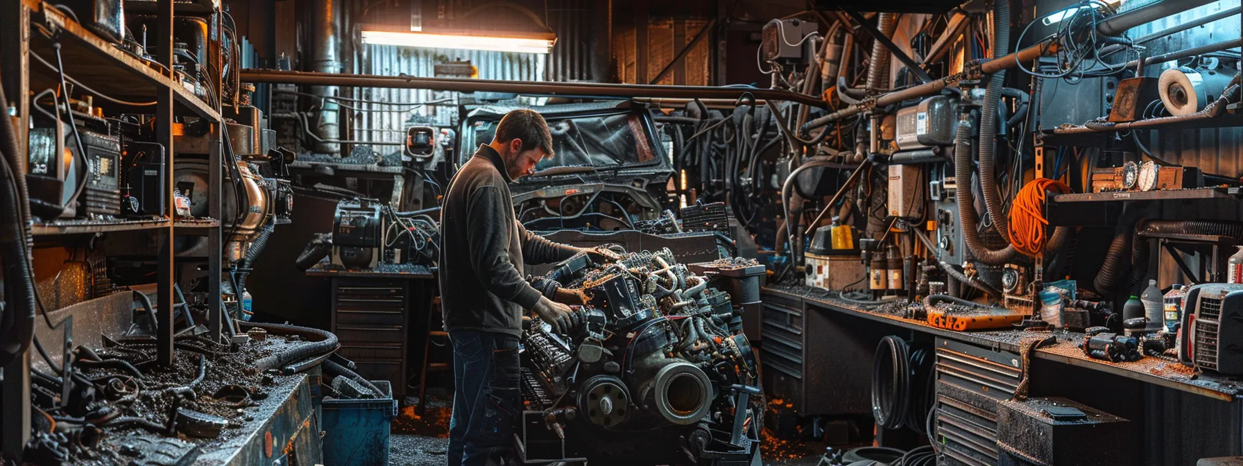 a photo of a mechanic inspecting the powerful engine of a used truck, surrounded by various electronic components, showcasing the coverage of standard warranties.