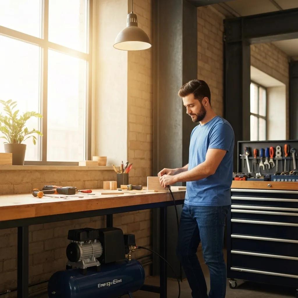 Modern industrial workspace featuring an energy-efficient air compressor and organized tools