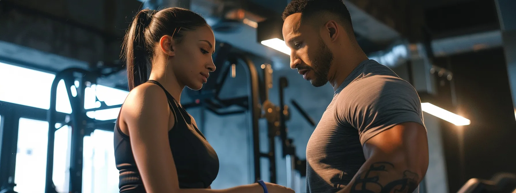 a personal trainer conducting a fitness assessment with a client in a gym setting.