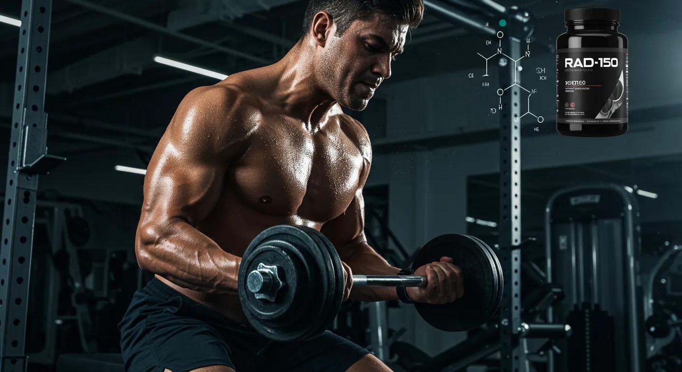 Athlete lifting weights in a gym, symbolizing muscle growth and performance enhancement with RAD-150