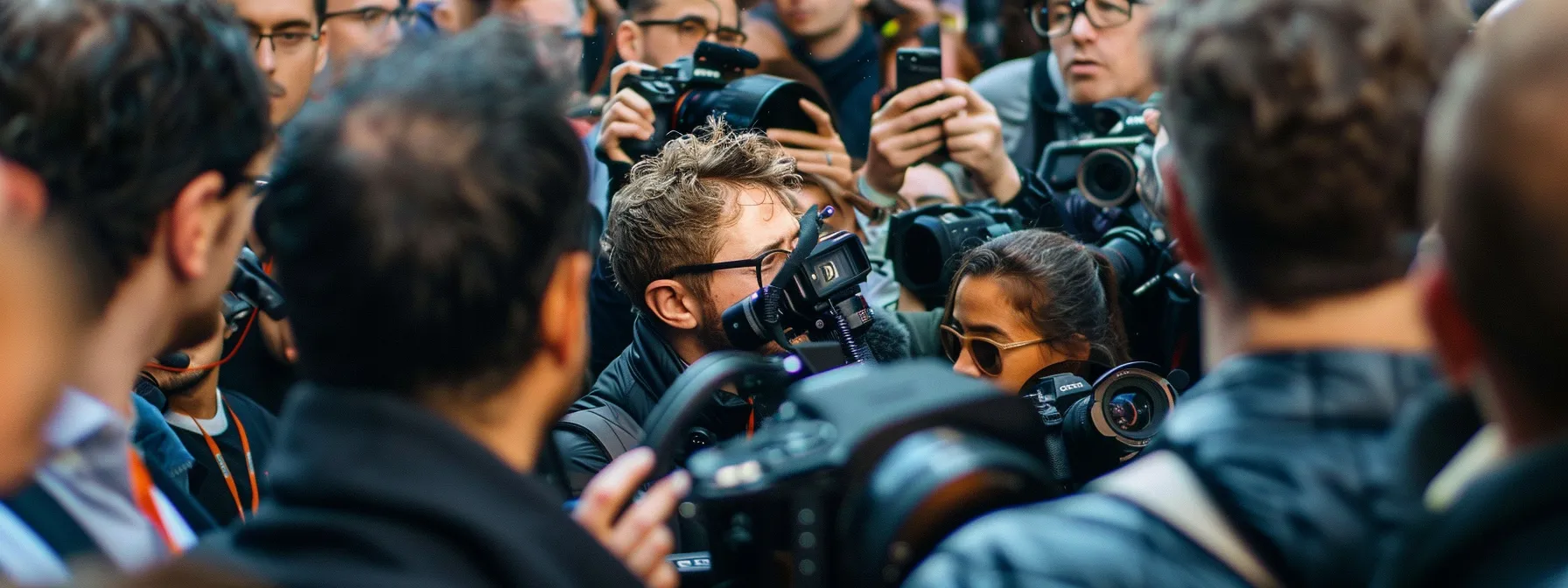 a famous figure surrounded by paparazzi at a crowded event, trying to navigate through the chaos while struggling to maintain their privacy.