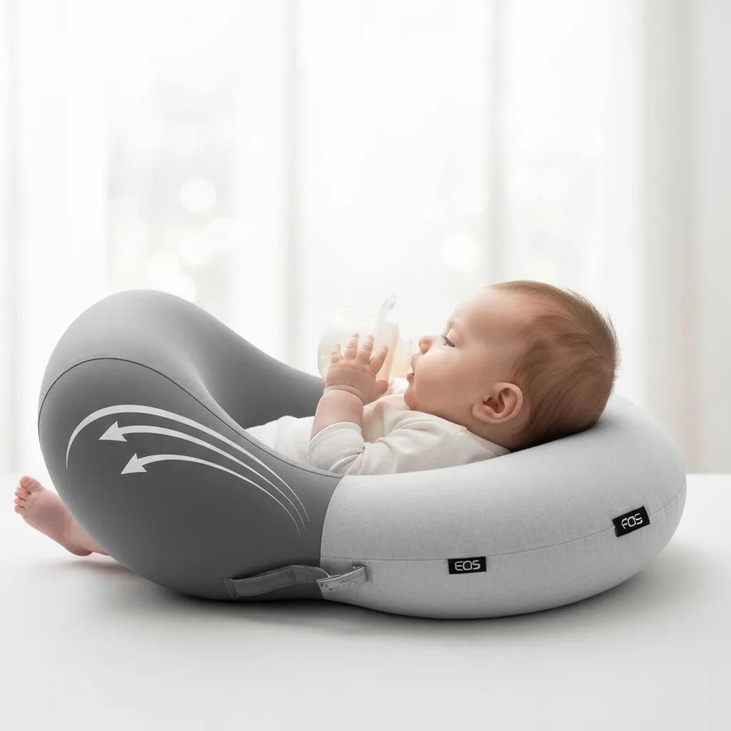 A close-up view of a nursing pillow, showcasing its ergonomic design and how it helps position a baby for feeding