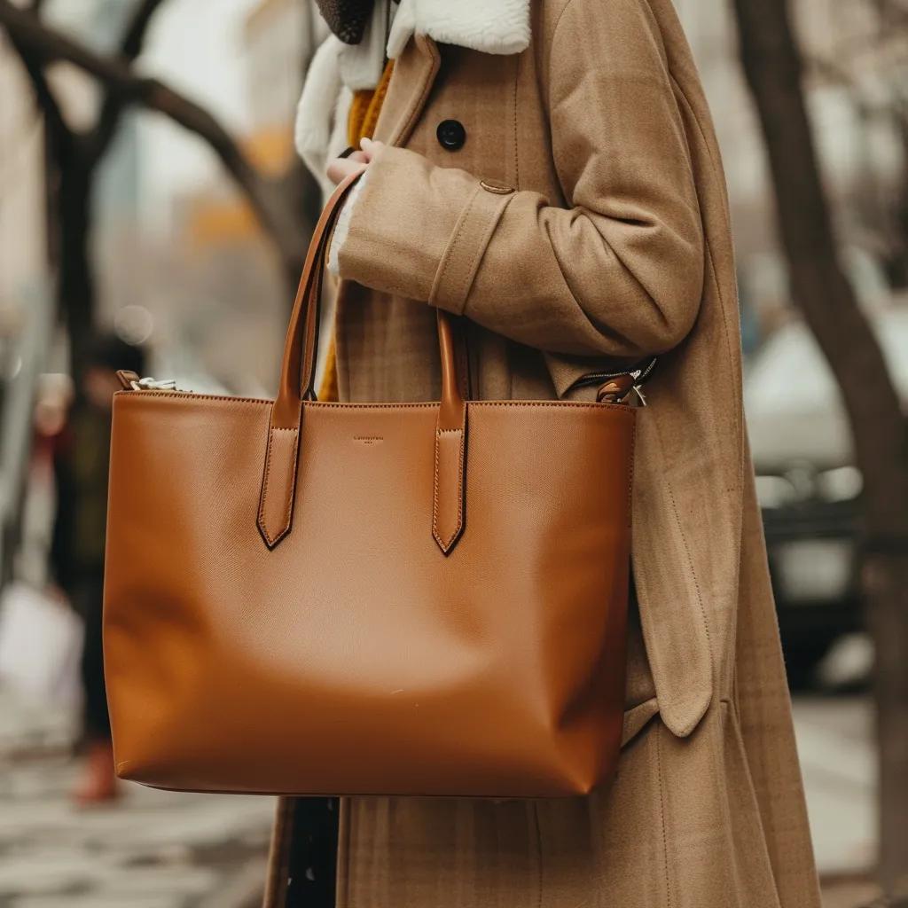 Fashionable individual styling a luxury designer tote handbag in a casual elegant setting