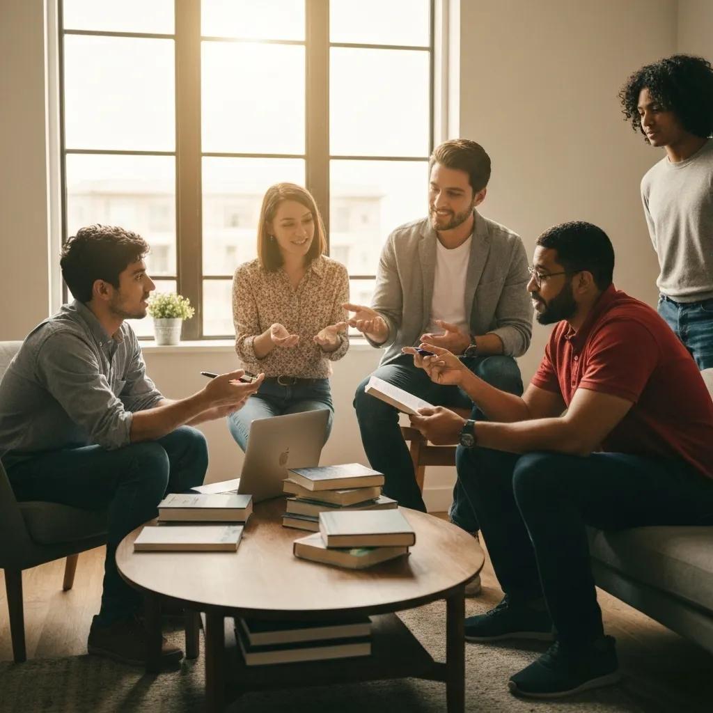 Grupo de jóvenes adultos discutiendo opciones de inversión, destacando estrategias de inversión para principiantes