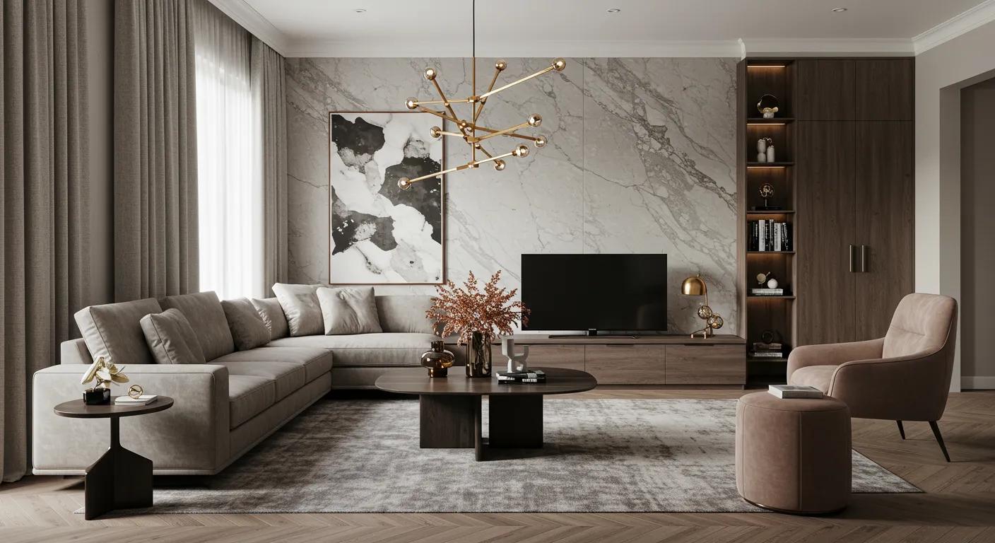 a sleek, modern living room showcases basilica furniture’s timeless custom pieces, seamlessly blending with the sophisticated aesthetic of johns creek, highlighting luxurious textures and elegant lines in an upscale urban setting.