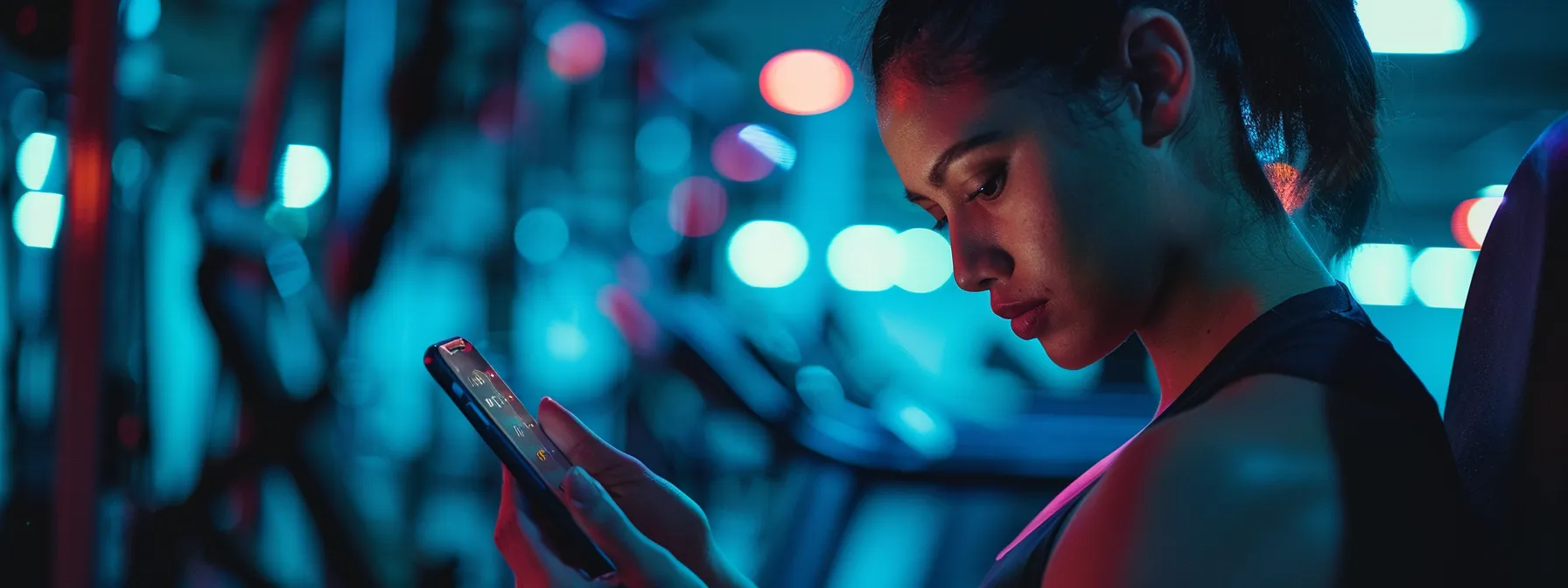 a person using a fitness app on their smartphone while working out at the gym.