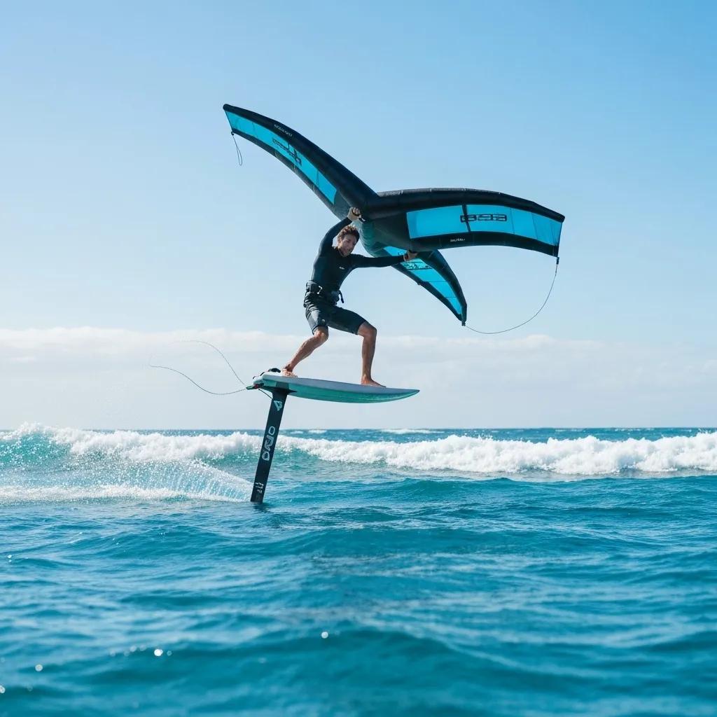 Hydrofoil surfer gliding above clear waters in Perth, showcasing the excitement of hydrofoil water sports