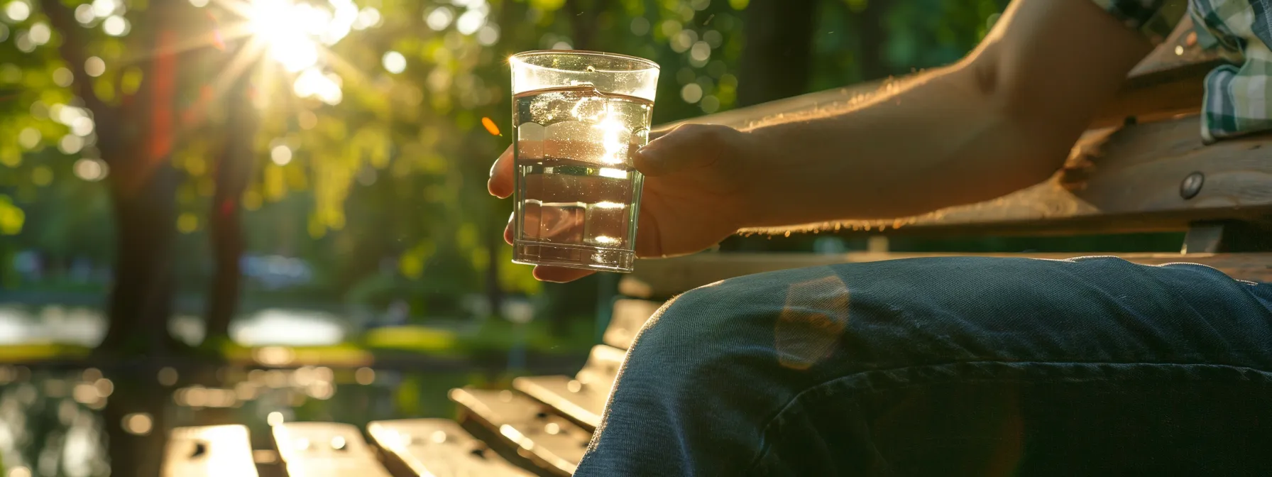 a person drinking a glass of water while sitting on a bench in the park.