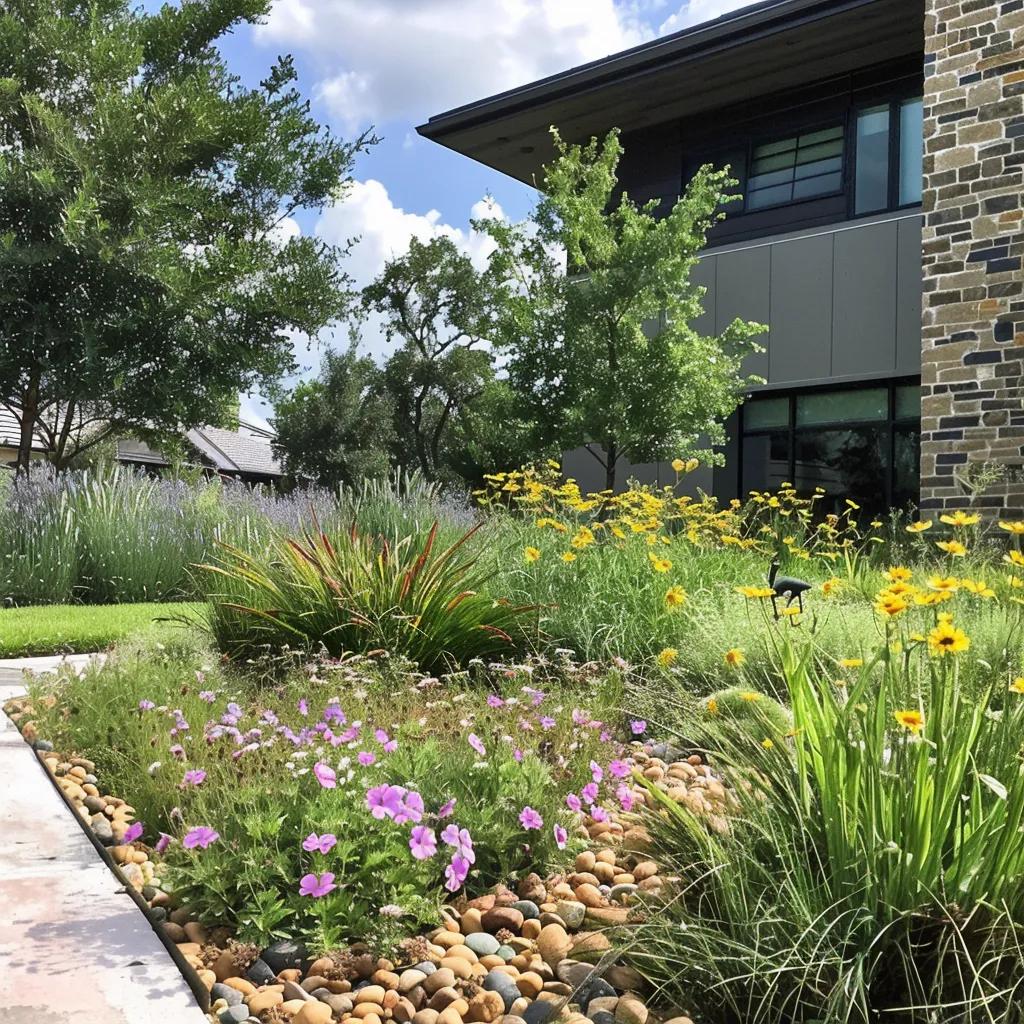 Sustainable landscaping in Houston featuring native plants, a rain garden, and smart irrigation systems