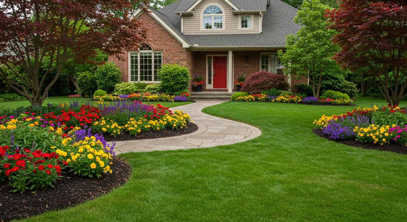 Residential landscaping design featuring a colorful front yard with flower beds and a pathway Residential landscaping design featuring a colorful front yard with flower beds and a pathway