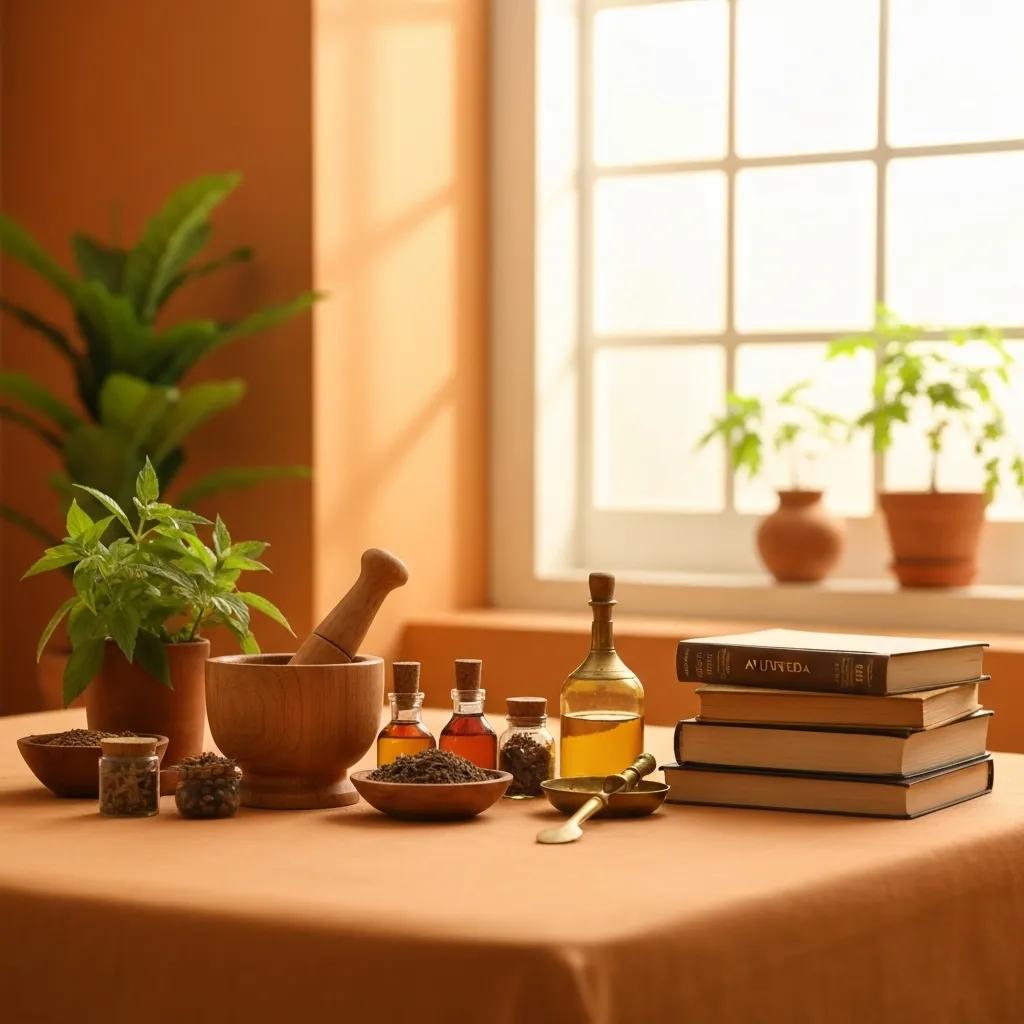 Tranquil Ayurvedic healing space with natural elements and herbal oils