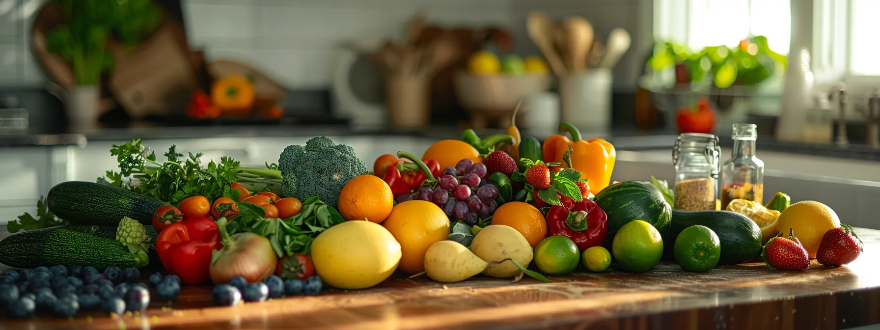 a colorful variety of fresh fruits and vegetables arranged on a kitchen counter, ready to be incorporated into a wholesome meal.