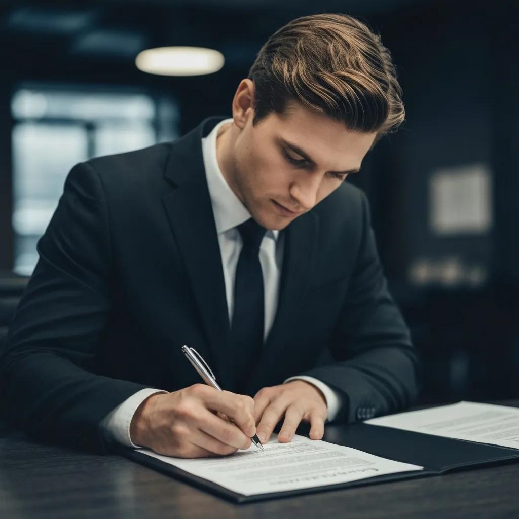 A process server carefully signing a certificate of service document
