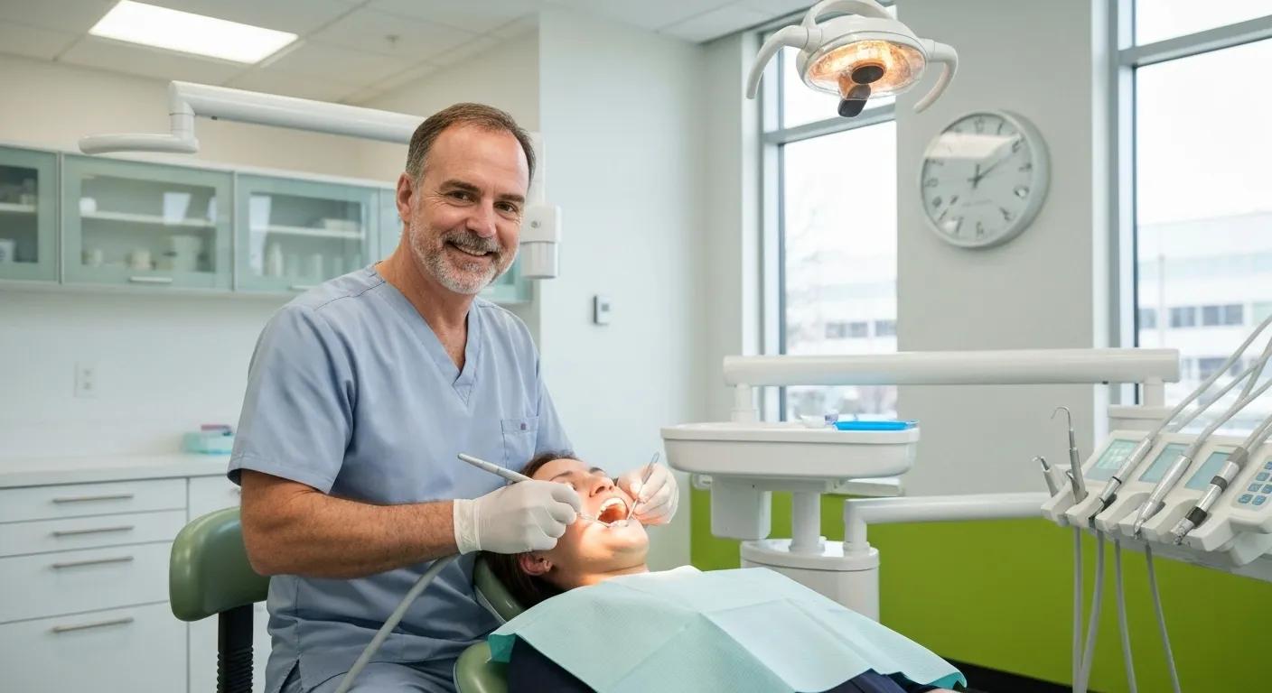 A dental hygienist performing a cleaning on a patient's teeth in a modern dental office