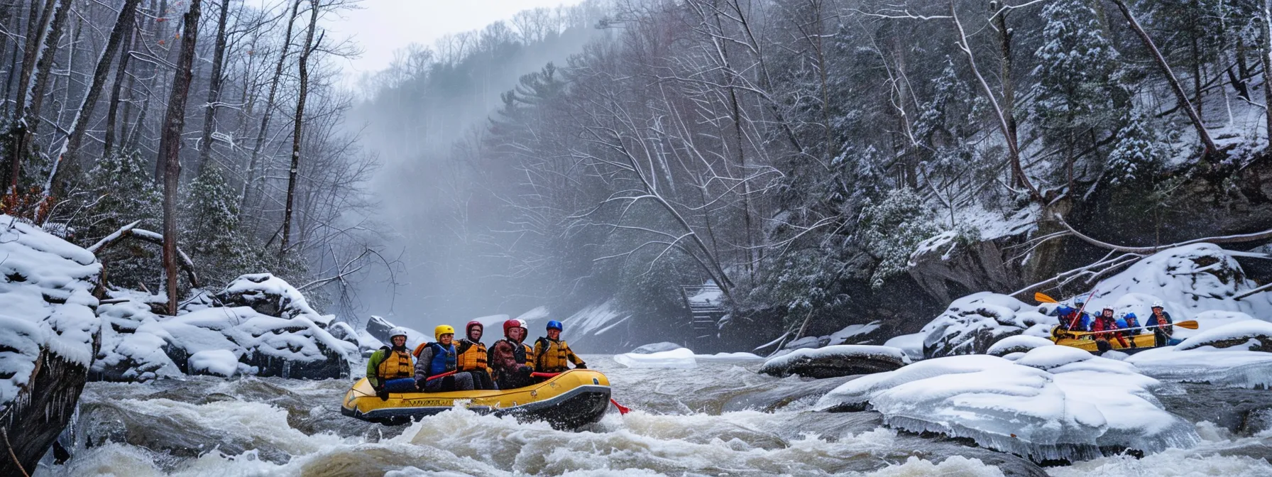 a group of exhilarated adventurers navigating icy rapids on the ocoee river during a thrilling winter rafting excursion.