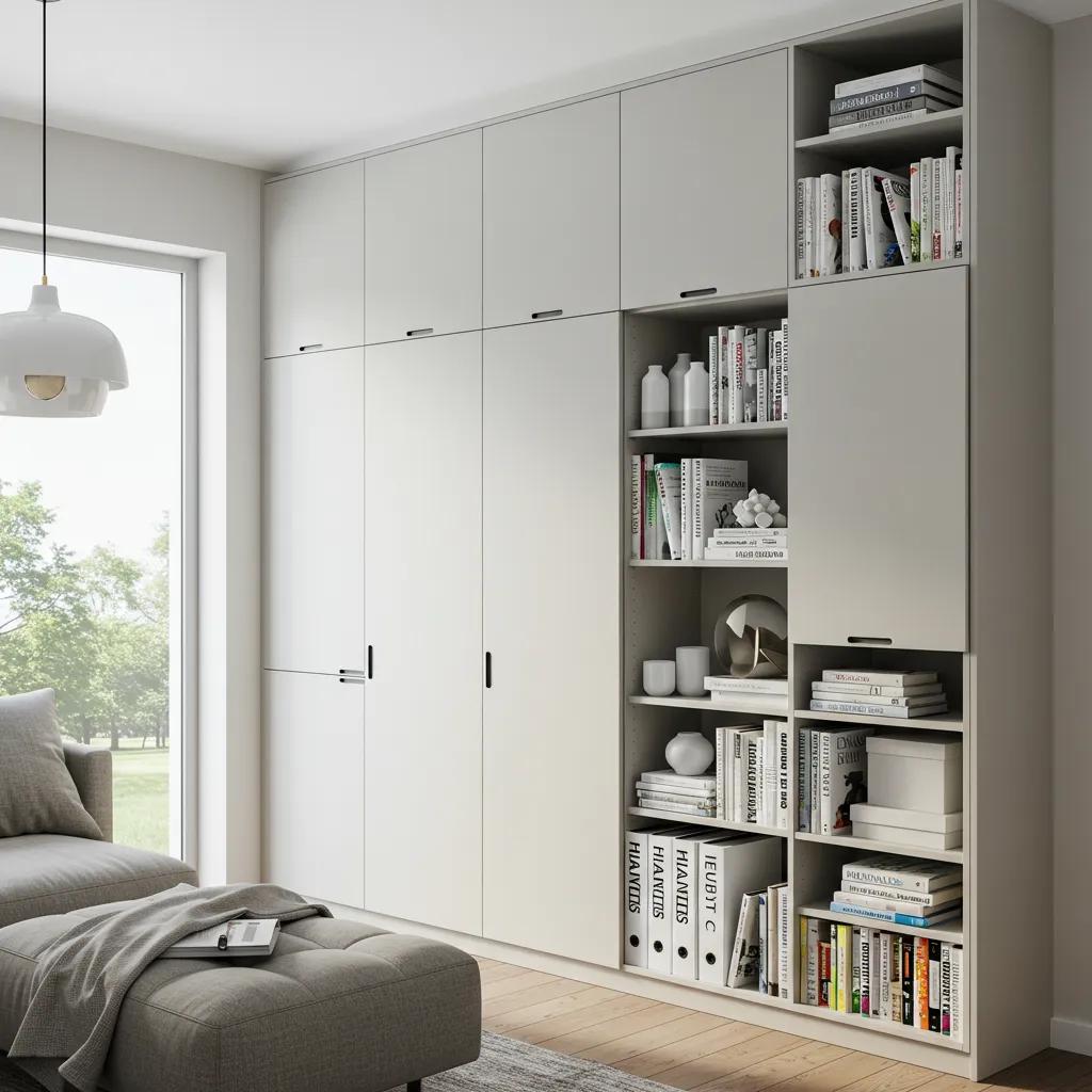 Floor-to-ceiling custom cabinetry in a compact Gold Coast living space, demonstrating efficient vertical storage