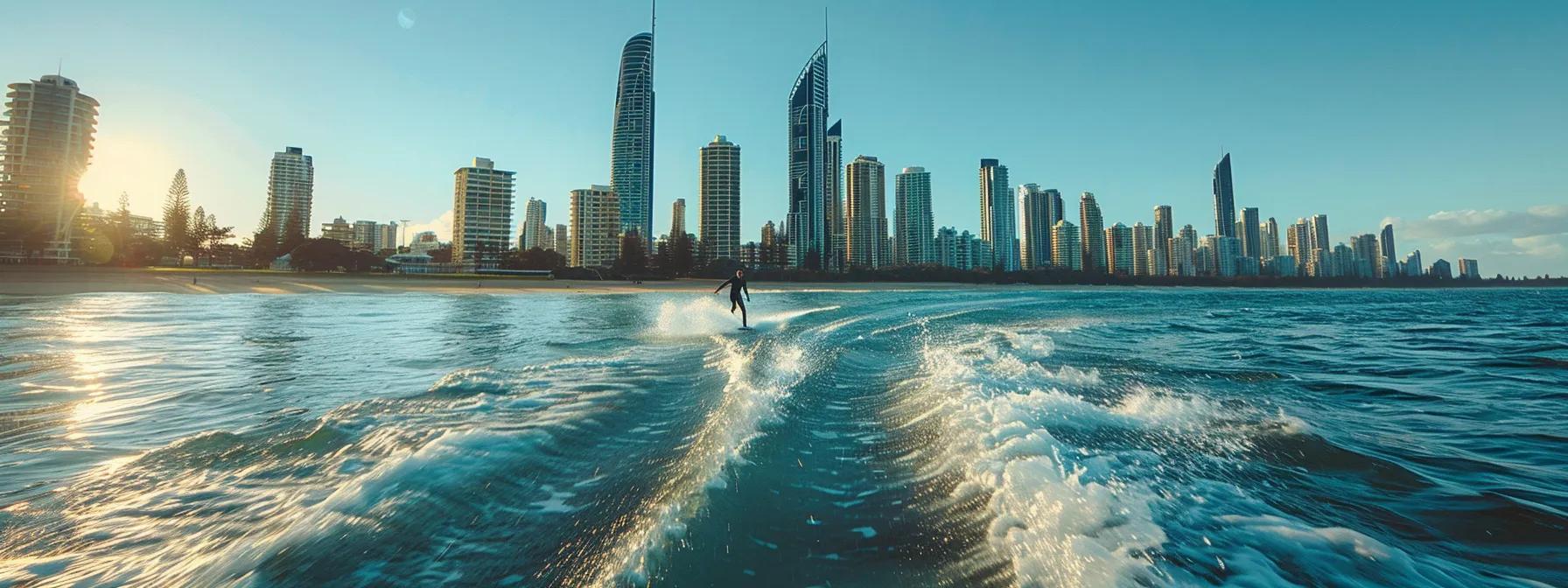 a dynamic efoil rider glides effortlessly across the shimmering waters of the gold coast, framed by the sleek urban skyline under a clear blue sky, accentuating the exhilarating fusion of technology and adventure.