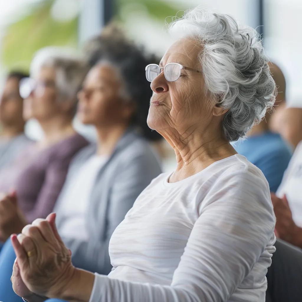 Elderly individuals engaged in gentle exercises like chair yoga and tai chi