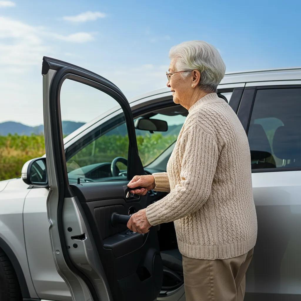 Elderly individual confidently using a car assist handle to step into a vehicle, highlighting enhanced safety and independence