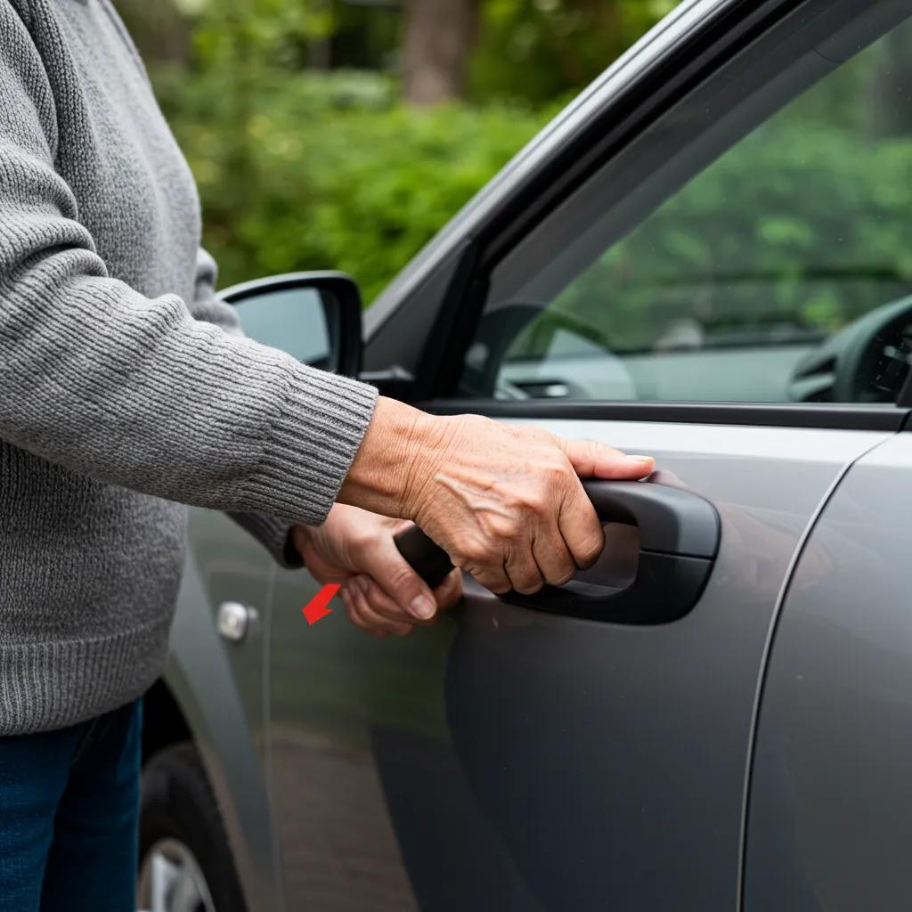 Demonstration of an elderly person safely using a car door support handle to enter a vehicle, emphasizing correct technique and safety measures
