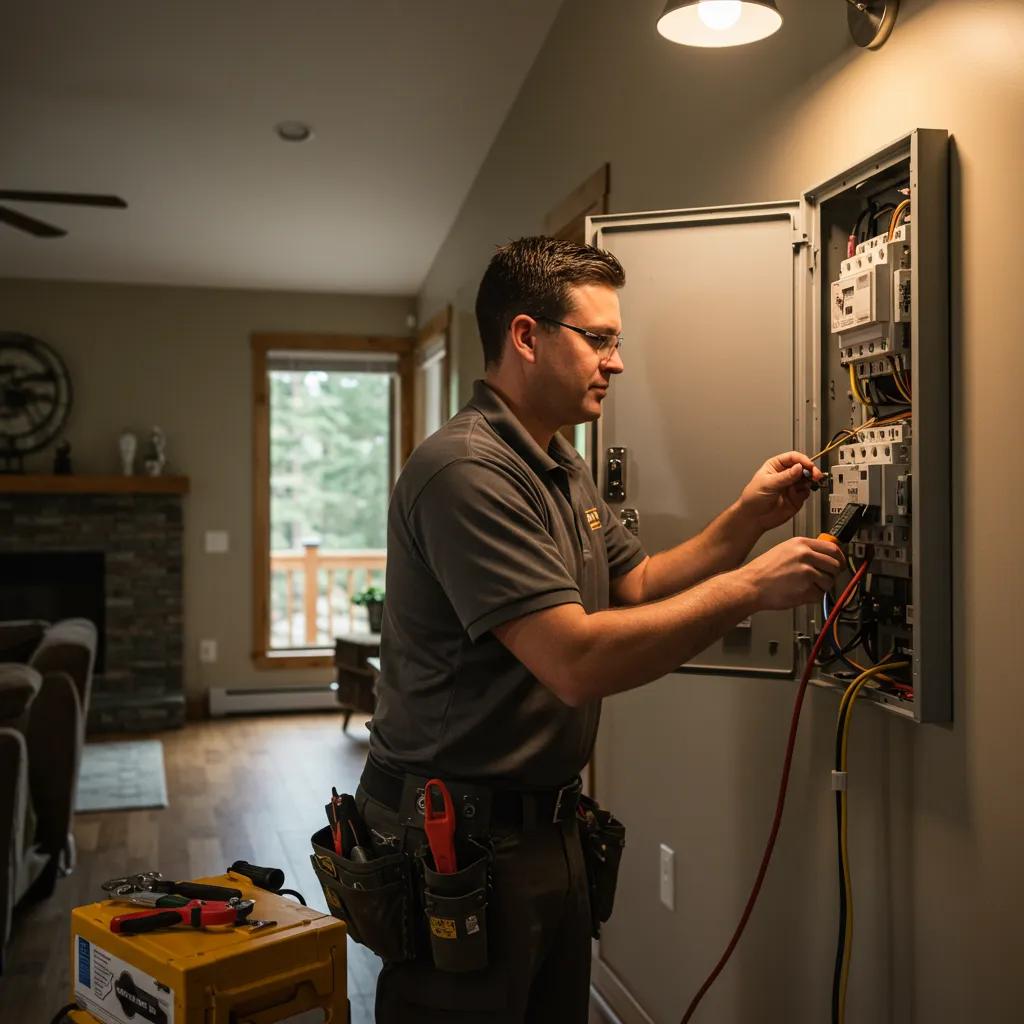 Expert electrician working on a home's electrical panel in Bend, Oregon, showcasing professional services for homeowners Expert electrician working on a home's electrical panel in Bend, Oregon, showcasing professional services for homeowners