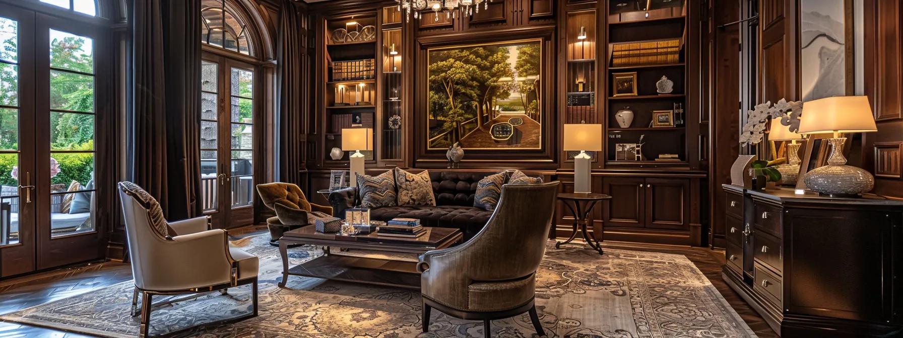an elegant buckhead home interior, showcasing custom luxury furniture with rich marble, plush velvet, and warm wood textures, illuminated by moody lighting to highlight designer finishes and upscale southern décor. an elegant buckhead home interior, showcasing custom luxury furniture with rich marble, plush velvet, and warm wood textures, illuminated by moody lighting to highlight designer finishes and upscale southern décor.