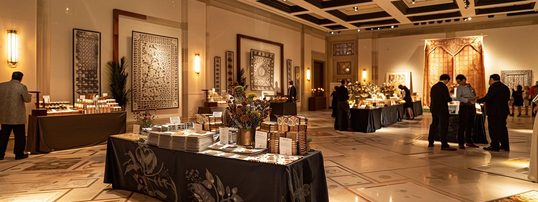 une salle des fêtes élégamment agencée, avec un éclairage sophistiqué et une décoration raffinée, où des organisateurs d'événements discutent stratégiquement autour d'une table, entourés d'échantillons de motifs et de brochures, illustrant l'importance de la planification minutieuse pour un événement mémorable.