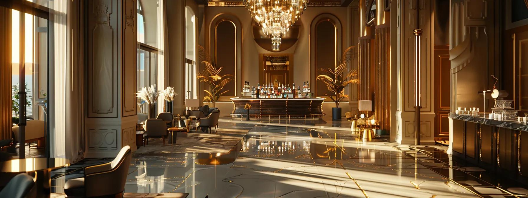 une salle des fêtes élégamment décorée, avec un agencement harmonieux incluant un bar à cocktails stylisé, des zones d’animation conviviales et un éclairage sur mesure, créant une ambiance immersive et mémorable pour un événement spécial.