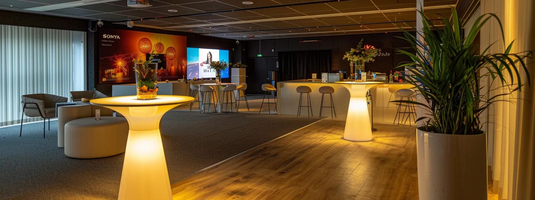 une salle de réception élégamment aménagée, au décor contemporain et accueillant, où des tables bien disposées sont entourées d'une ambiance festive, reflétant l'importance de l'agencement optimal pour garantir le confort et la convivialité des invités lors d'un événement.