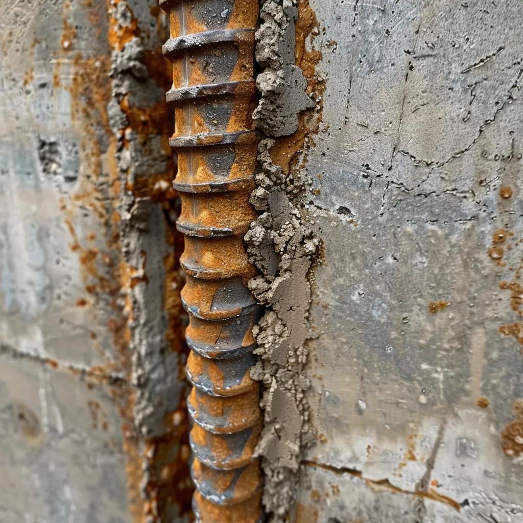 Close-up comparison of GFRC rebar and rusted steel rebar showcasing corrosion resistance