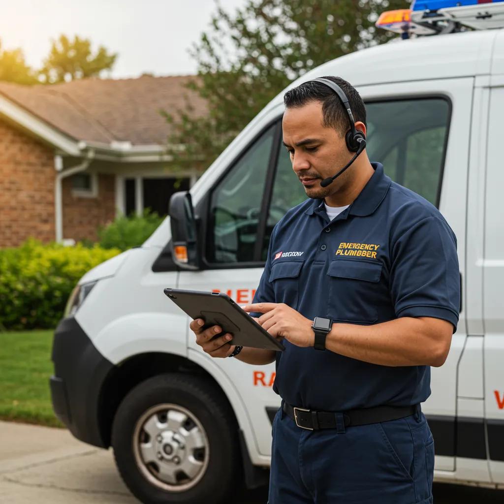 Emergency plumber ready to respond to a call in a residential area, highlighting 24/7 service availability