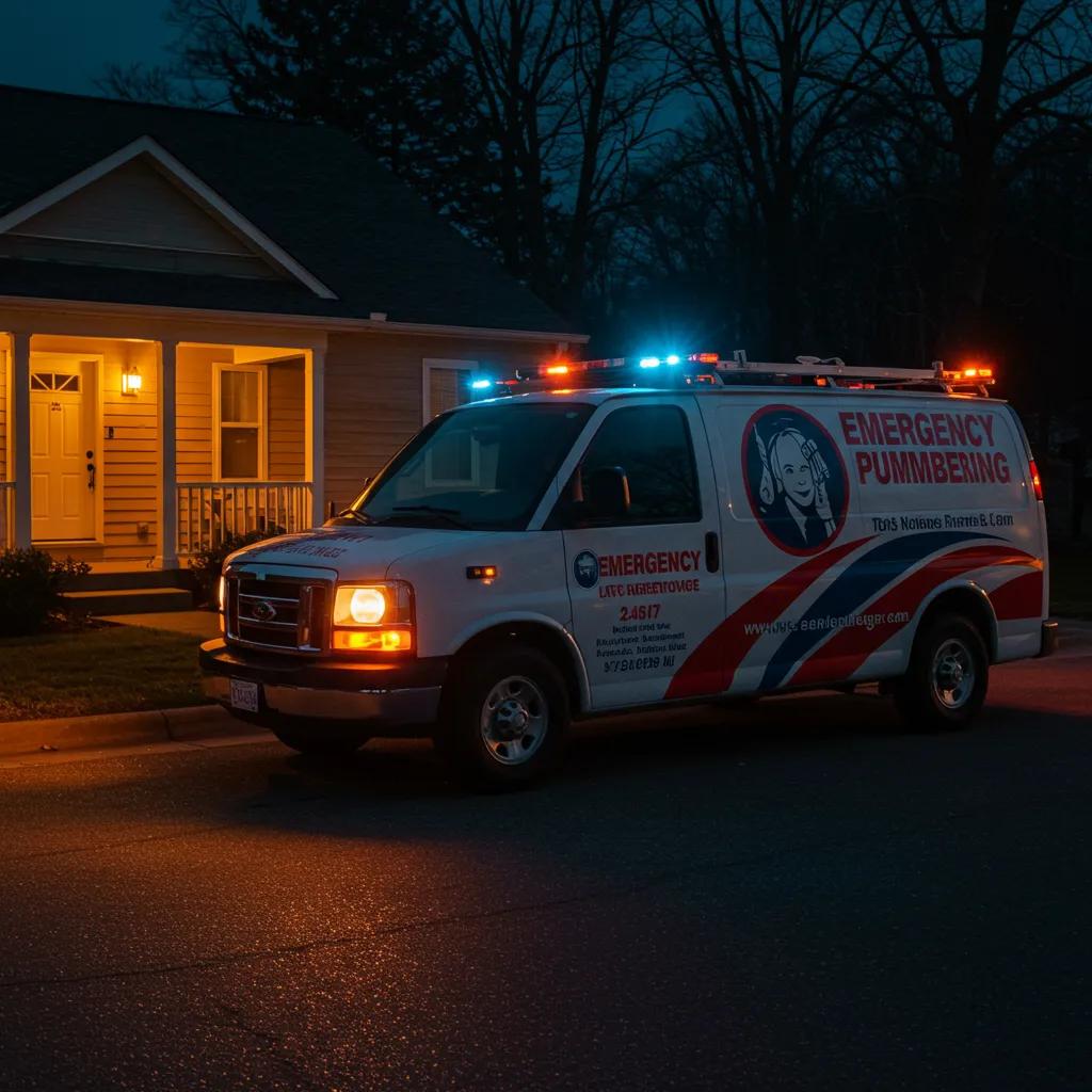 Emergency plumbing van ready for service in a residential area at night