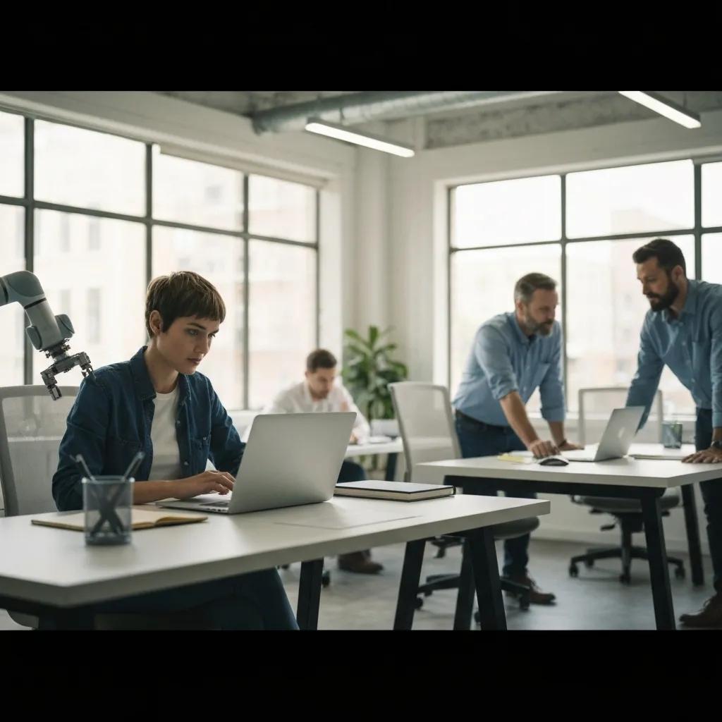 Employees in a small business focusing on strategic, creative tasks while automated systems handle routine operations