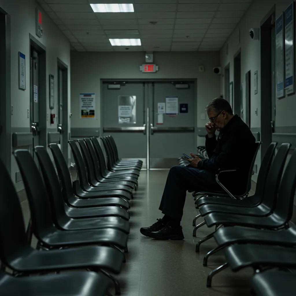 Empty hospital waiting room with a worried patient, illustrating the potential negative consequences of ending enhanced aca subsidies on healthcare access